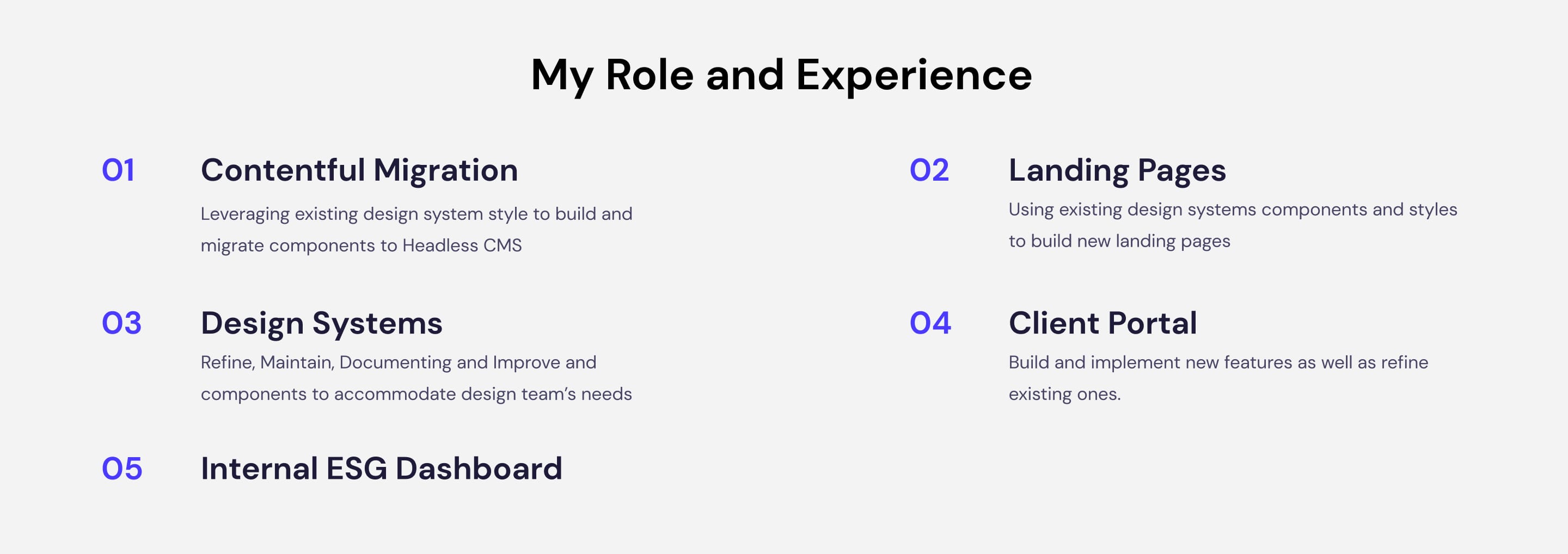 My Role and Experience: five workstreams across Contentful Migration, Landing Pages, Design Systems, Client Portal, and Internal ESG Dashboard